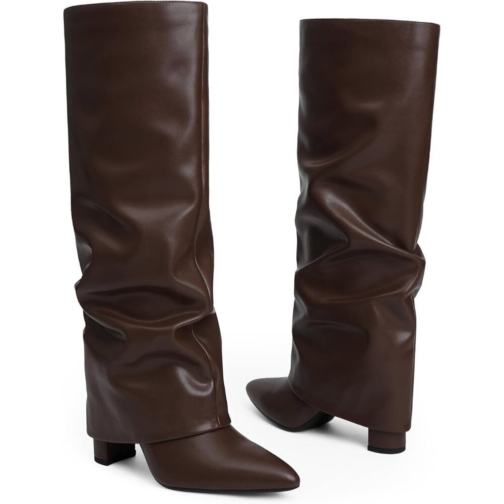 Women's Chocolate Modatope Knee High Fold Over Chunky Heels Zipper Tall Boots - Picture 3 of 7